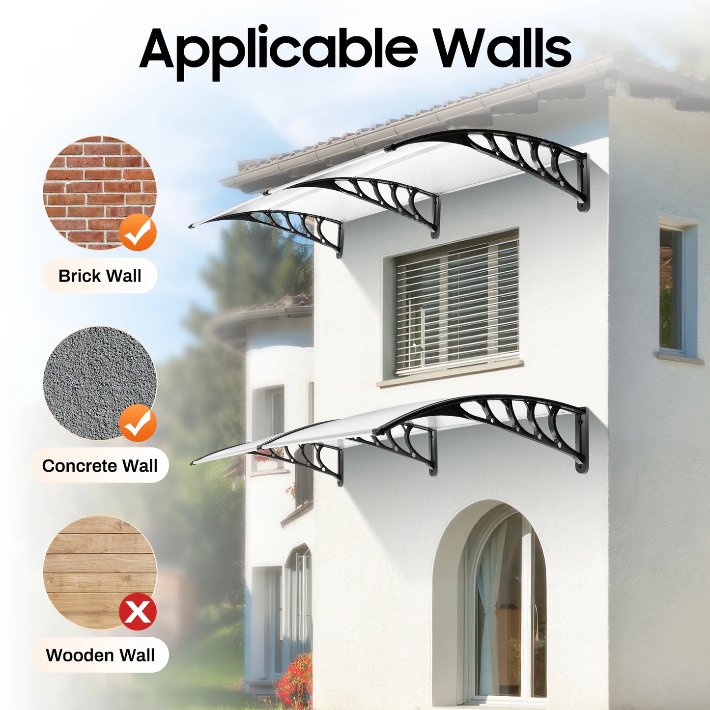 Auvent de Porte Transparent 200x90 cm – Abri Pluie Anti-UV, Polycarbonate, Sans Console Visible