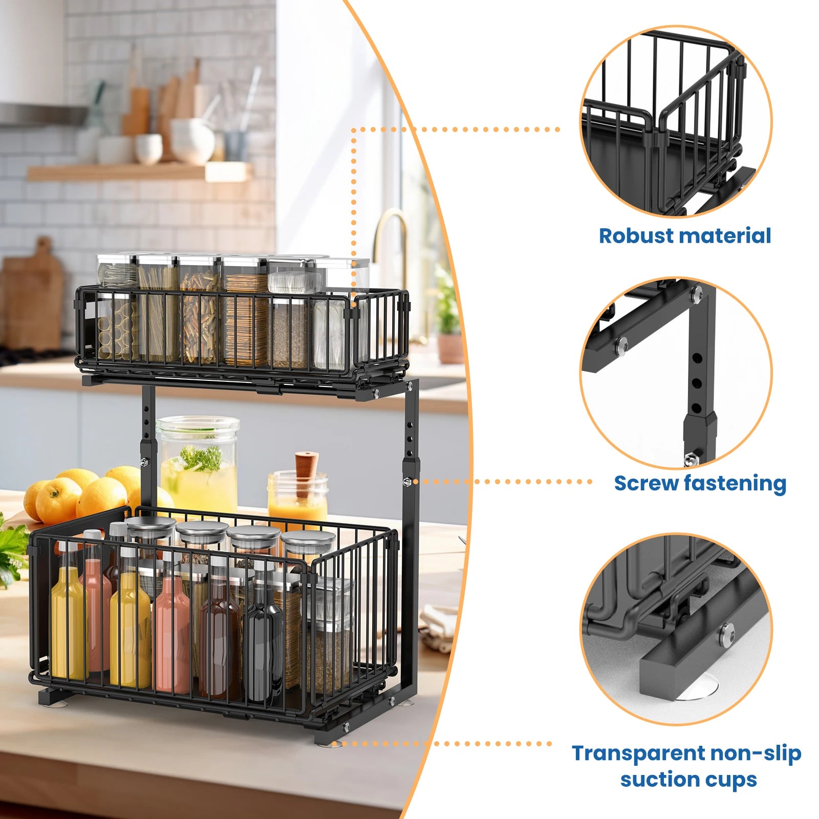 Organiseur Coulissant 2 Niveaux – Rangement Réglable Sous Évier Cuisine & Salle de Bain