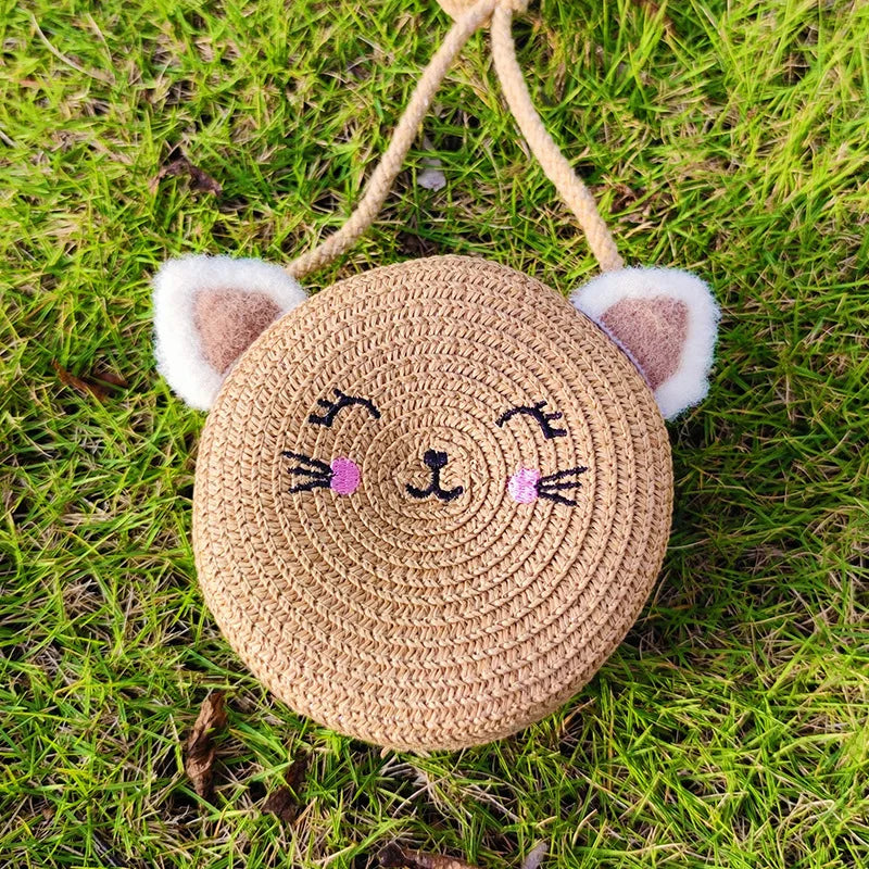 Summer Straw Bag Children's Small Shoulder Bags Baby Girls Mini Coin Purses Cute Cat Kids Chest Crossbody Bags Cartoon Straw Hat