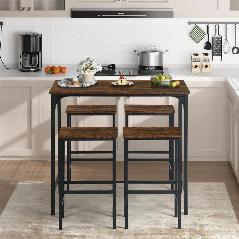 Set de Bar 5 Pièces - Table Bistro + 4 Tabourets Hauts Cadre Acier Style Industriel Marron Rustique