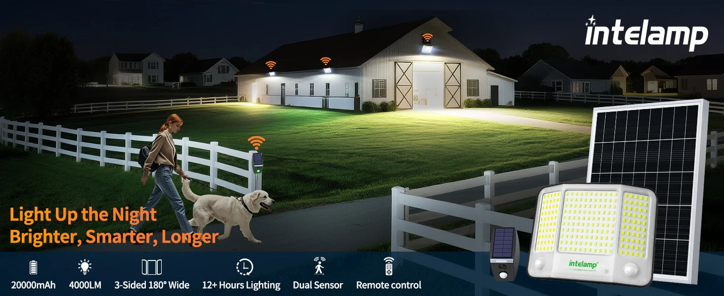 Lampe Solaire Intelamp 3000LM – 2 Détecteurs de Mouvement, Angle 240°, IP65, Batterie 12500mAh