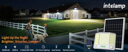 Lampe Solaire Intelamp 3000LM – 2 Détecteurs de Mouvement, Angle 240°, IP65, Batterie 12500mAh
