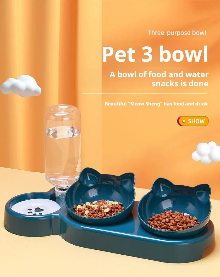 Gamelle Chat 3 en 1 avec Distributeur d'Eau — Design Oreilles, Inclinée, Protection Cervicale