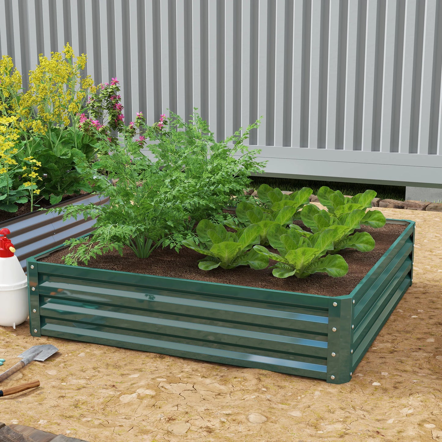 Carré Potager Outsunny 120x120x30 cm – Acier Galvanisé Vert Foncé, Jardinière Surelévée
