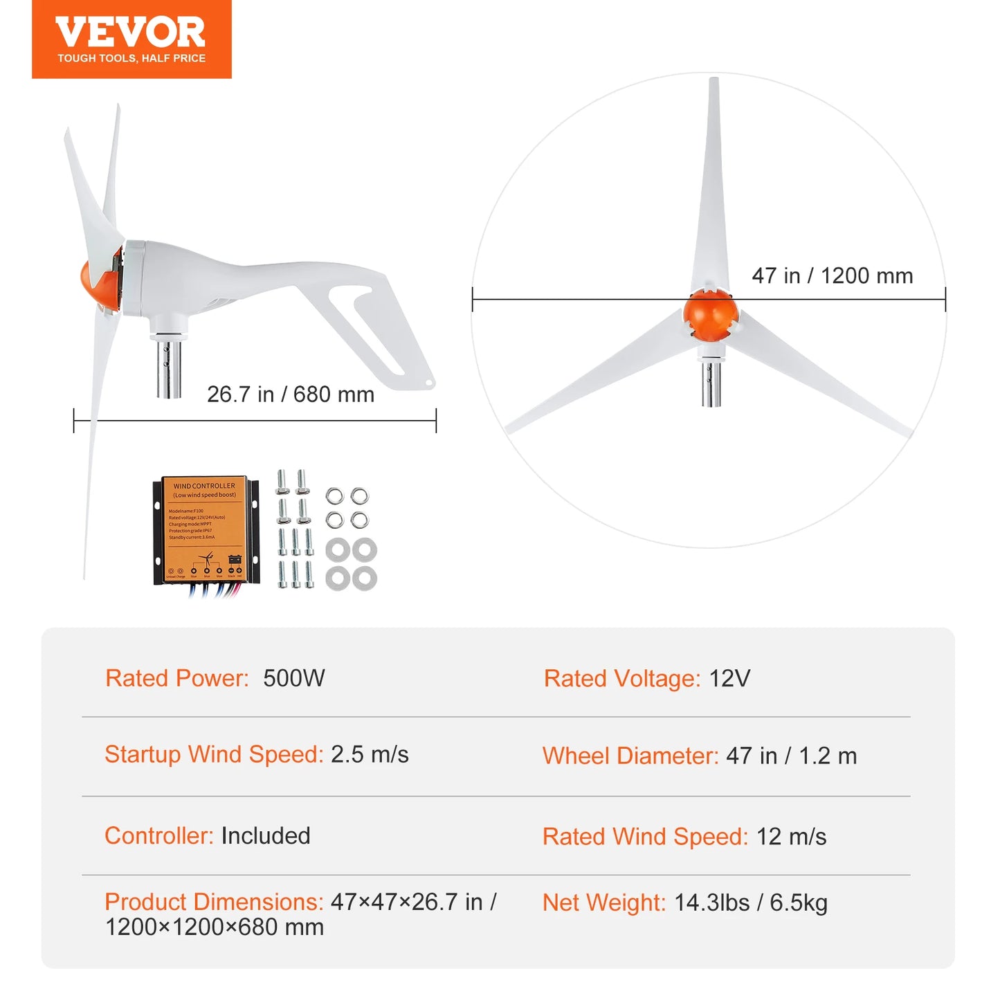Éolienne 12V 500W/800W SucceBuy avec Contrôleur MPPT – Kit Complet