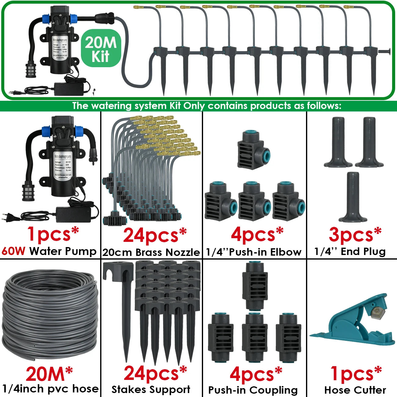 Kit d'Irrigation Jardin 5-30M - Pompe 60W Timer Buse Cuivre 360° Arrosage Automatique Serre