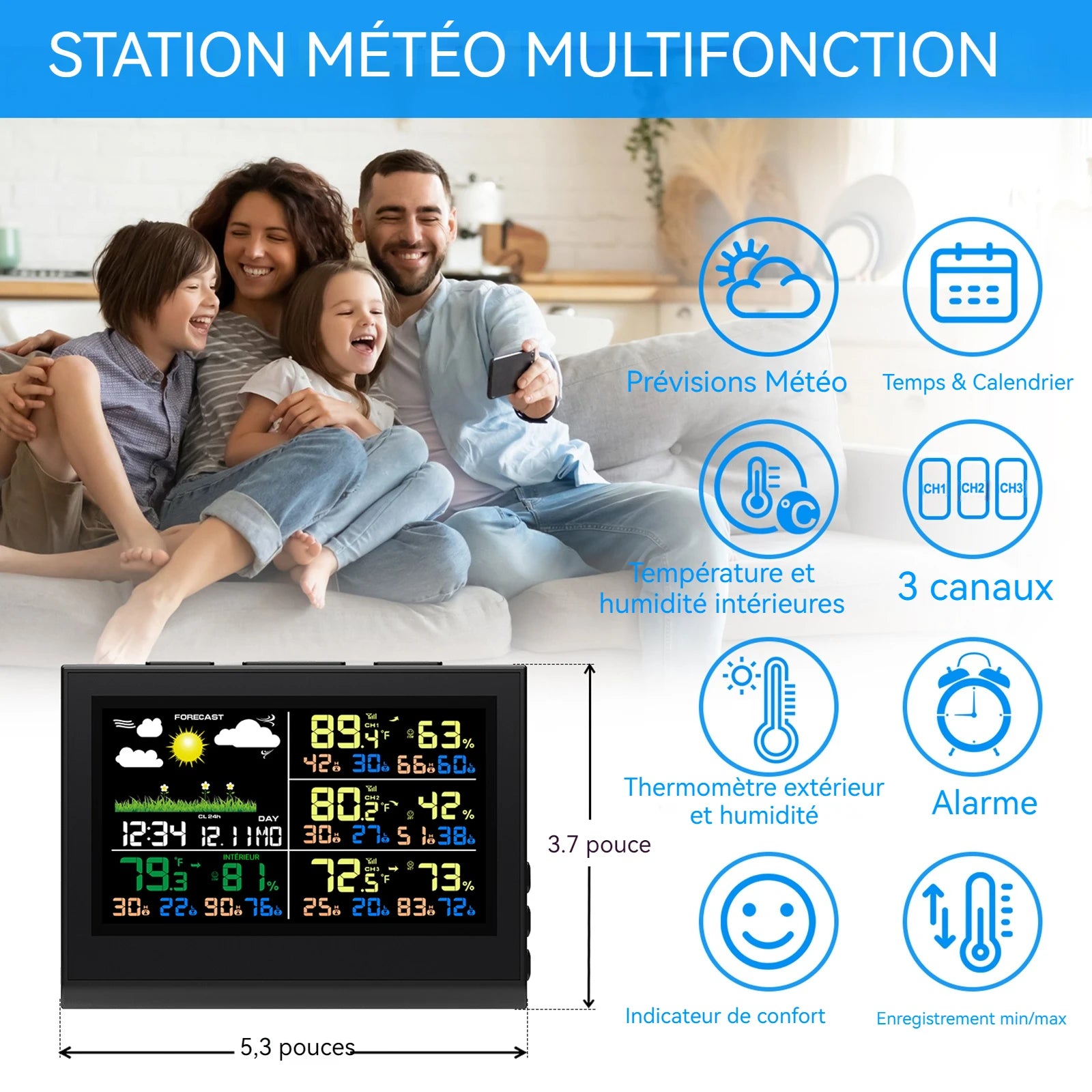 Station Météo Sans Fil 3 Capteurs - Grand Écran Couleur Thermomètre Hygromètre Intérieur Extérieur