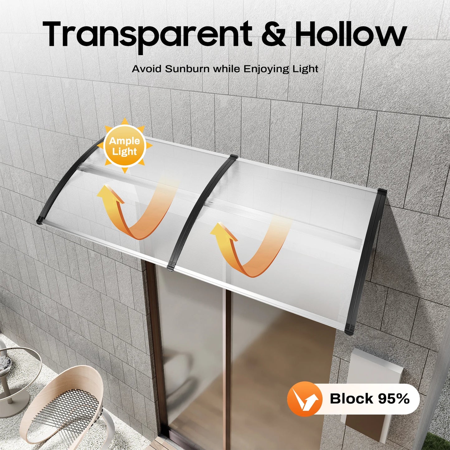 Auvent de Porte Transparent 200x90 cm – Abri Pluie Anti-UV, Polycarbonate, Sans Console Visible