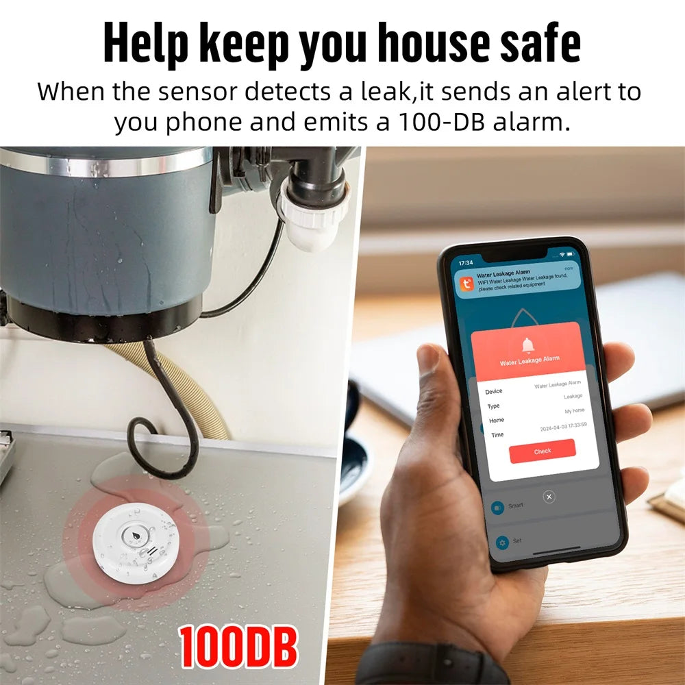 Détecteur de Fuite d'Eau WiFi Fuers – Alarme 100dB, Alerte Smartphone, Compatible Tuya/Smart Life