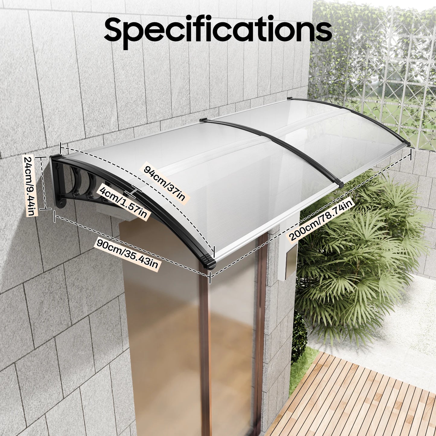 Auvent de Porte Transparent 200x90 cm – Abri Pluie Anti-UV, Polycarbonate, Sans Console Visible