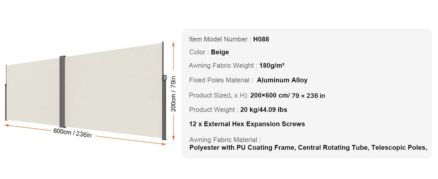 Auvent Latéral Rétractable – Brise-Vue Polyester Imperméable UV30+, Pare-Vent Extérieur