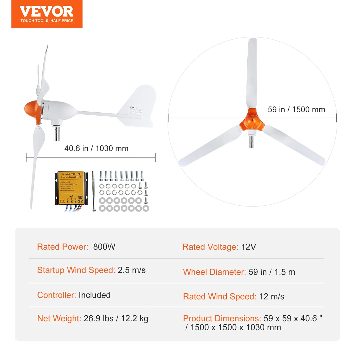 Éolienne 12V 500W/800W SucceBuy avec Contrôleur MPPT – Kit Complet
