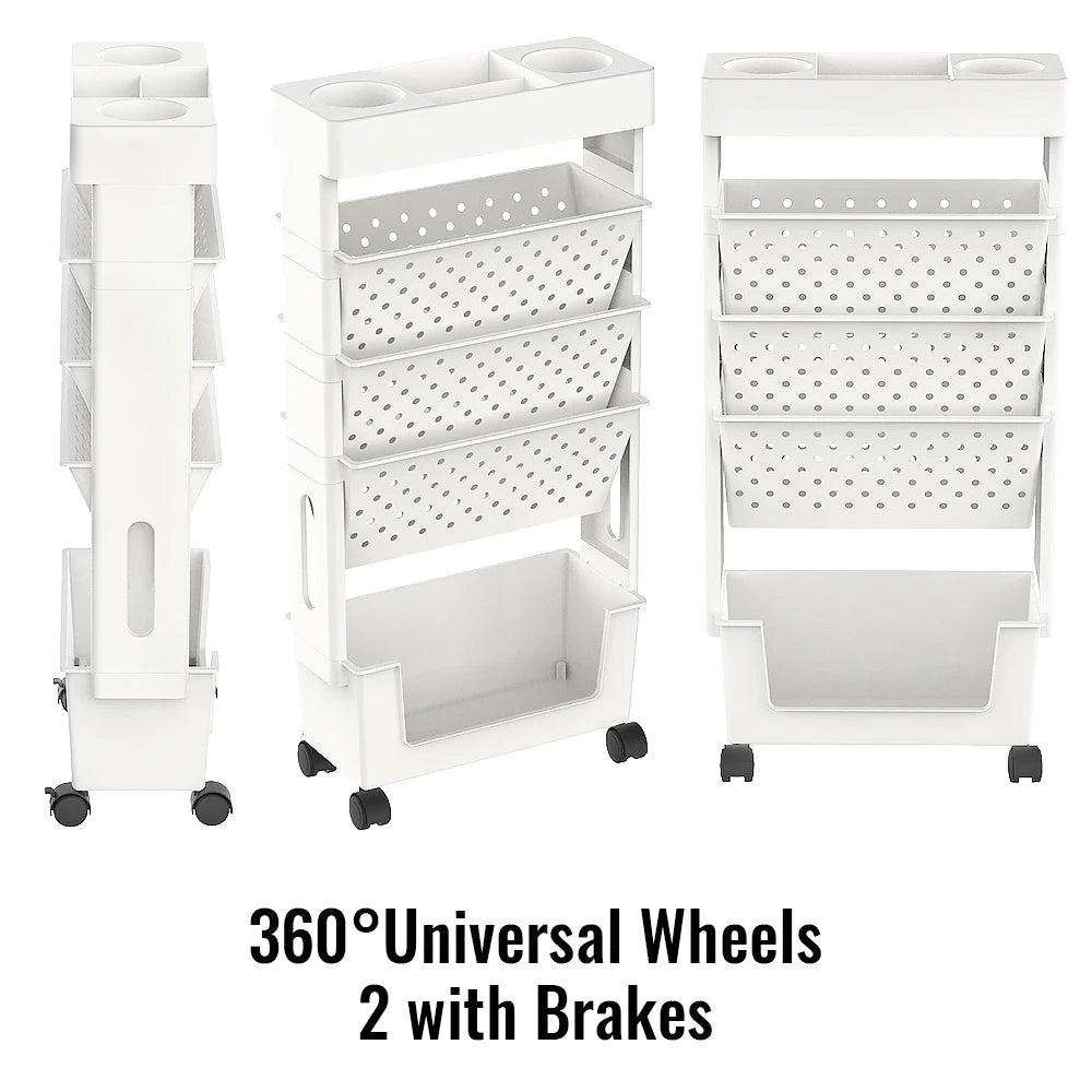 Étagère mobile à roulettes 5 niveaux – Organiseur ABS blanc, bureau & salon