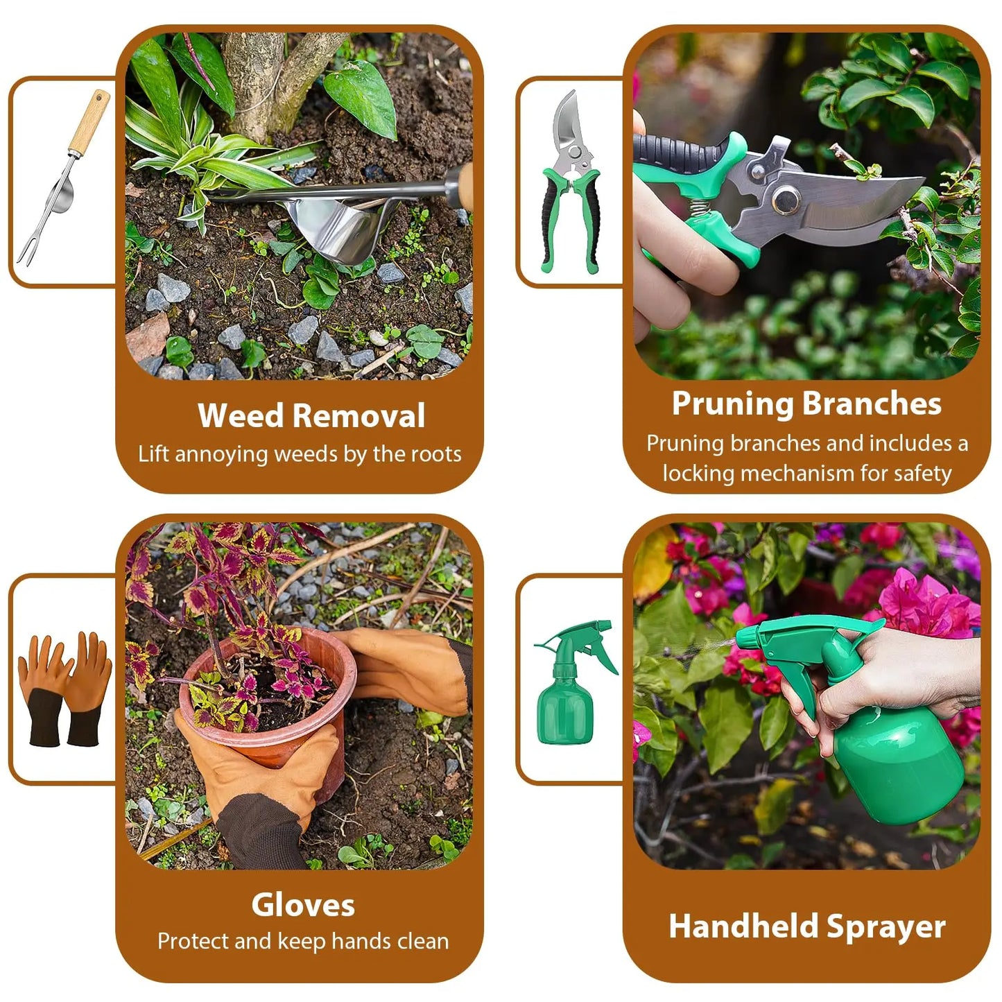 Coffret 9 Outils de Jardinage en Acier Inoxydable – Manches en Bois, Désherbage et Plantation