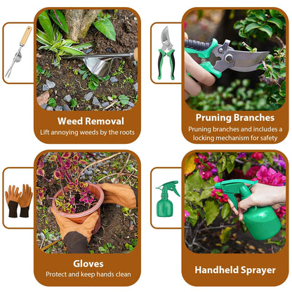 Coffret 9 Outils de Jardinage en Acier Inoxydable – Manches en Bois, Désherbage et Plantation