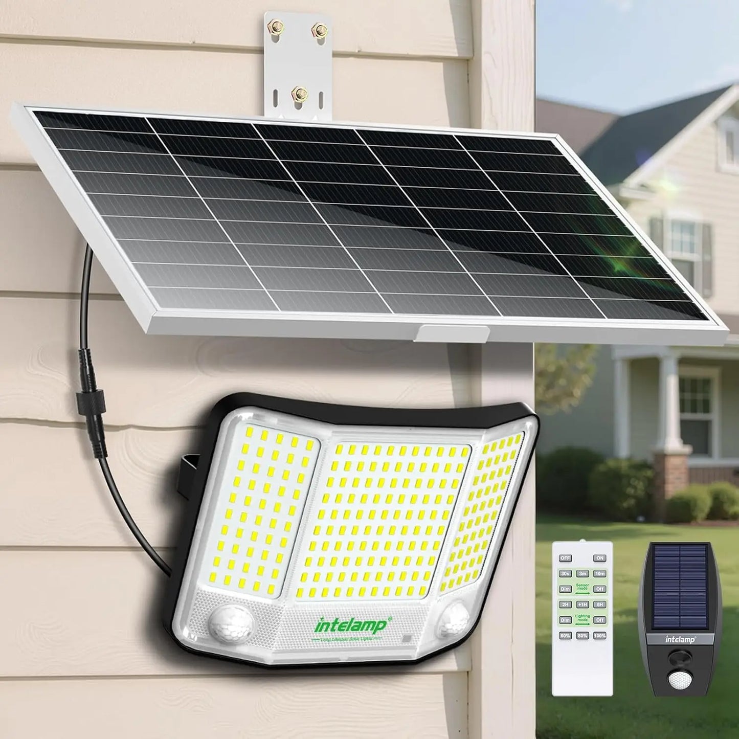 Lampe Solaire Intelamp 3000LM – 2 Détecteurs de Mouvement, Angle 240°, IP65, Batterie 12500mAh
