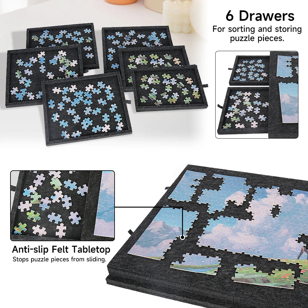 Plateau Puzzle Pliable 77×54 cm – Support Incliné, 6 Tiroirs de Tri & Housse de Protection
