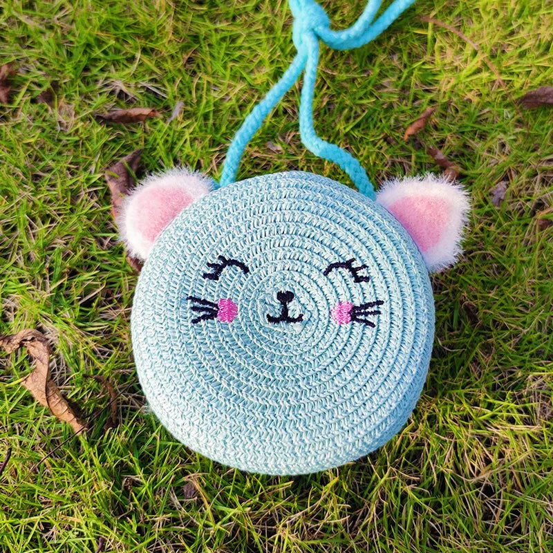 Summer Straw Bag Children's Small Shoulder Bags Baby Girls Mini Coin Purses Cute Cat Kids Chest Crossbody Bags Cartoon Straw Hat