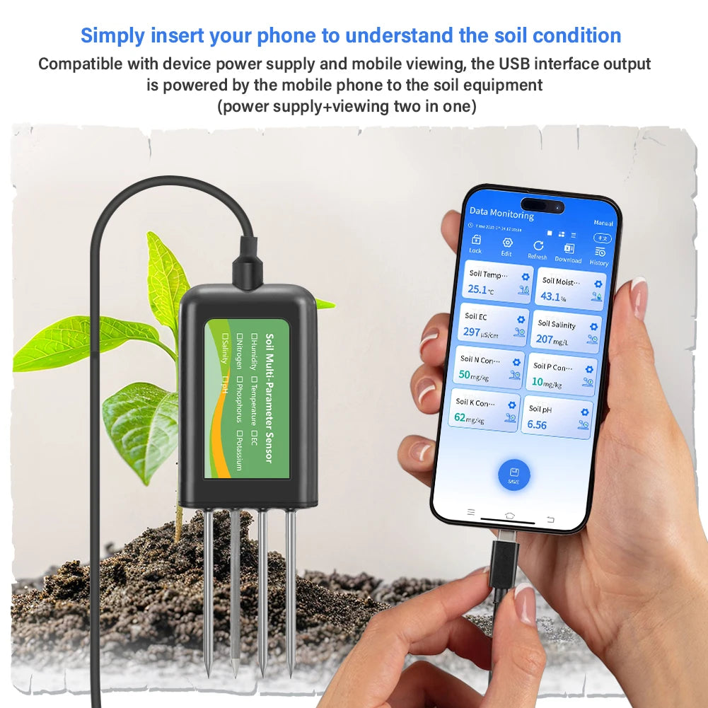 YAGO Soil Sensor 8 in 1 for Agriculture pH EC Moisture NPK Tester Android/HarmonyOS USB Smart Soil Meter for Precision Farming