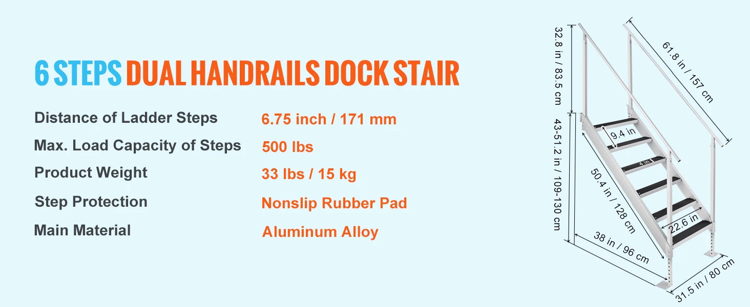 Échelle Ponton Aluminium Double Rampe - 4/6 Marches Antidérapantes, Hauteur Ajustable, 227kg - Piscine Bateau Lac
