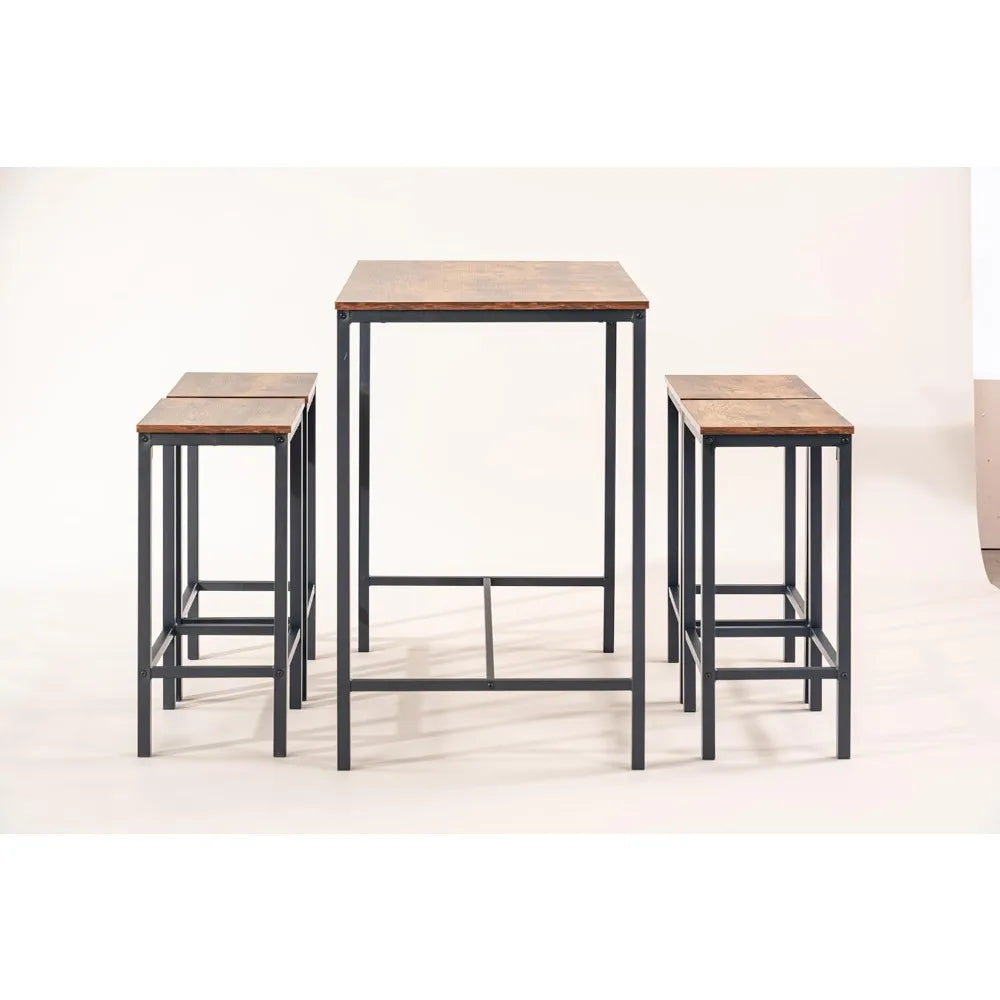Set de Bar 5 Pièces - Table Bistro + 4 Tabourets Hauts Cadre Acier Style Industriel Marron Rustique
