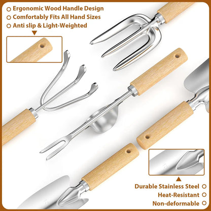 Coffret 9 Outils de Jardinage en Acier Inoxydable – Manches en Bois, Désherbage et Plantation