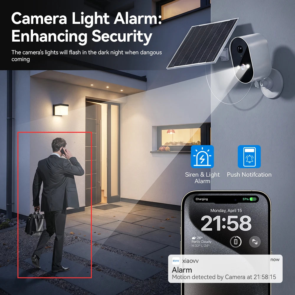 Caméra de Surveillance Solaire WiFi Extérieure 1080p – Alarme Automatique, Vision Nocturne & Application Mobile