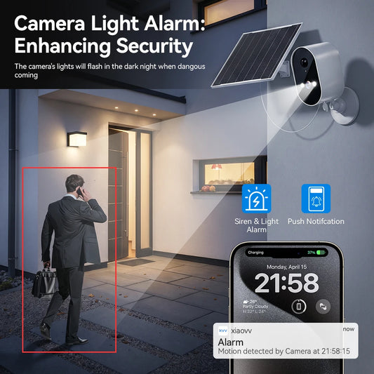 Caméra de Surveillance Solaire WiFi Extérieure 1080p – Alarme Automatique, Vision Nocturne & Application Mobile