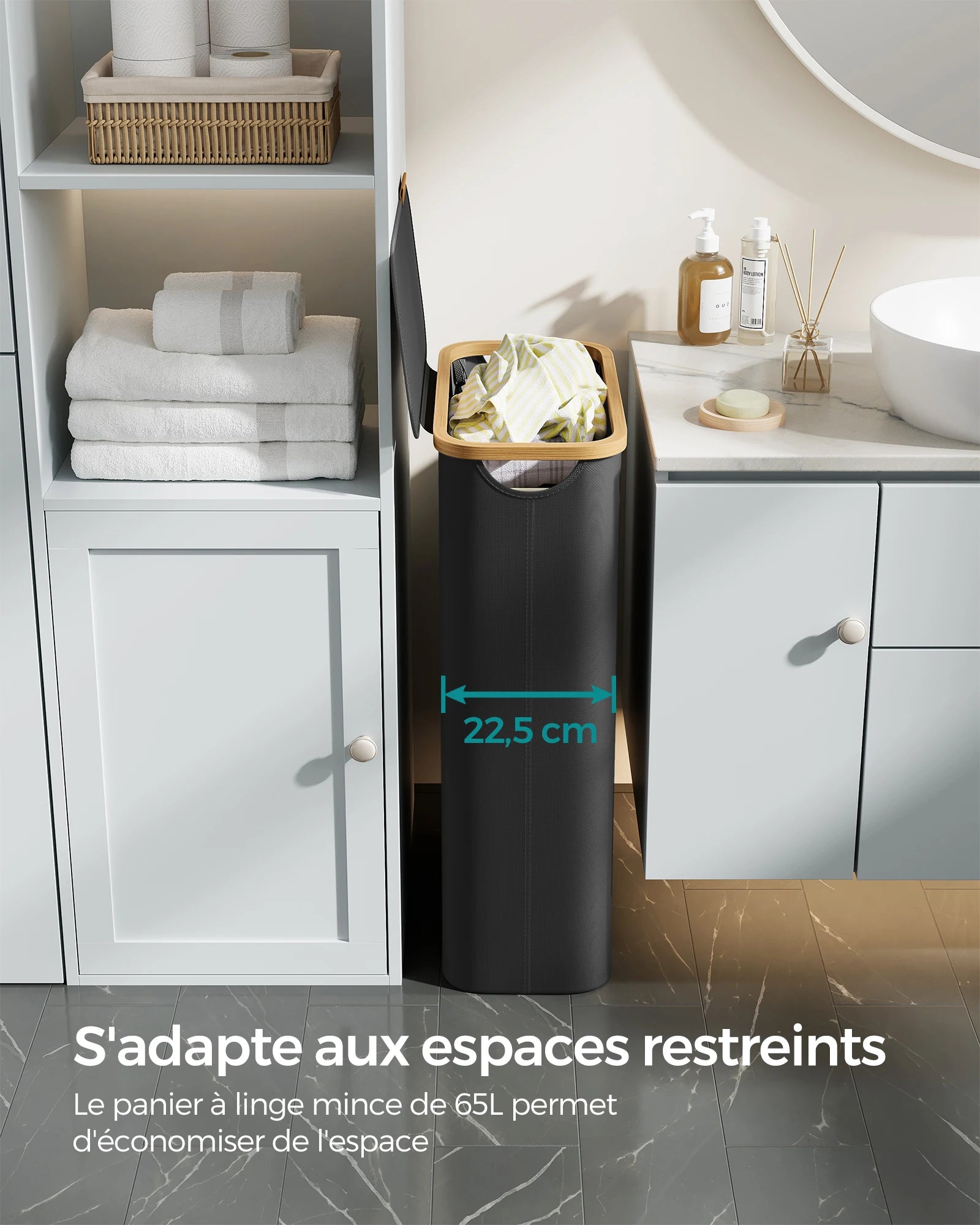 Panier à Linge SONGMICS 65L avec Couvercle - Pliable Gain de Place - Bambou