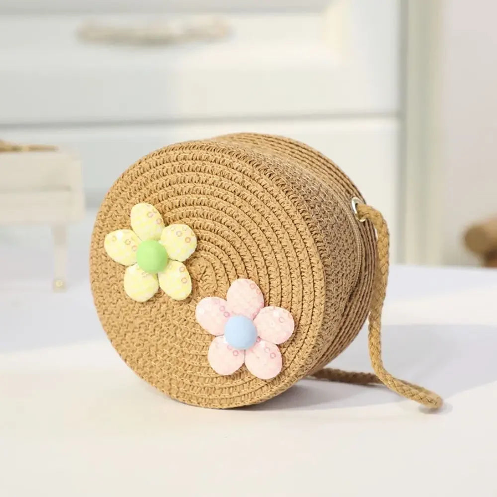 Children Straw Beach Bag Cute Heart Pattern Shoulder Bag Straw Crossbody Bag Handbag Baby Coin Purse Casual Messenger Bag