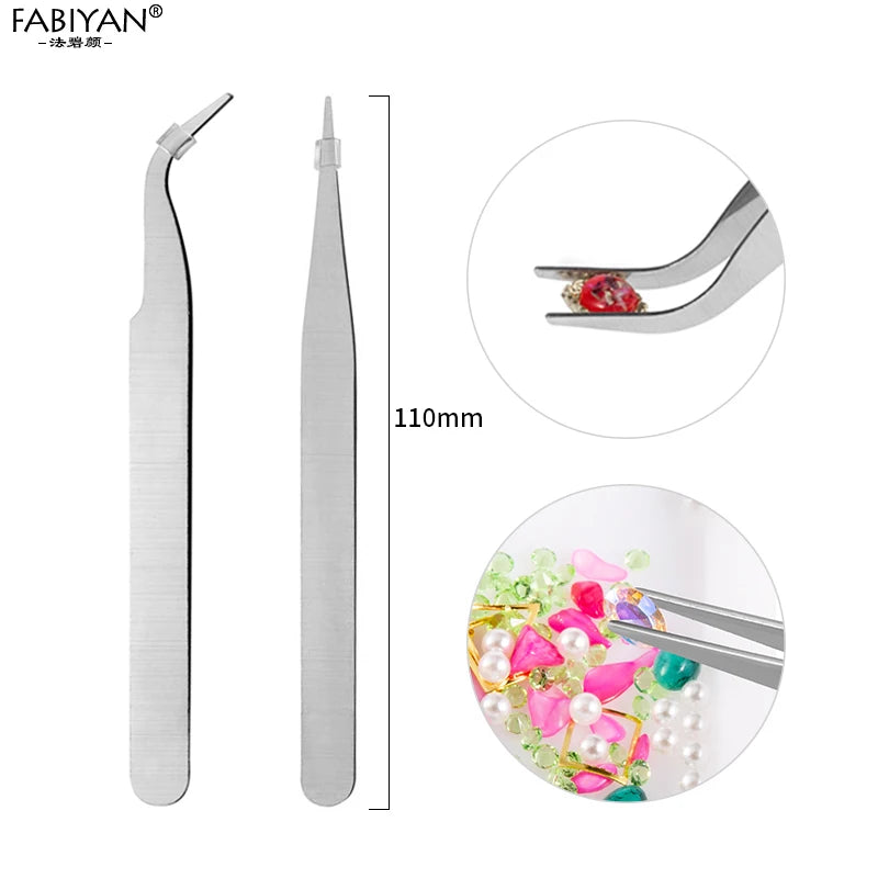 Set de 2 Pinces Nail Art en Acier Inoxydable - Courbe et Droite pour Strass et Paillettes