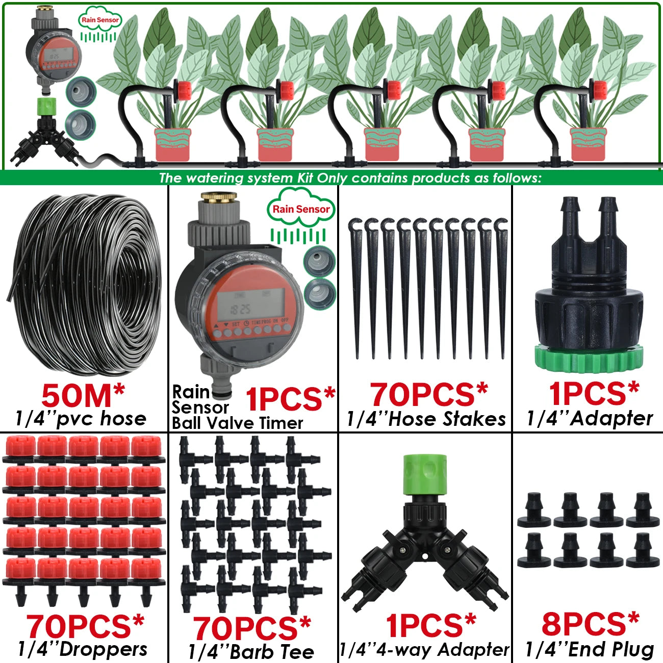 Kit Irrigation Goutte-à-Goutte KESLA – Tuyau 4/7mm, Programmateur & Capteur Pluie (5M à 50M)
