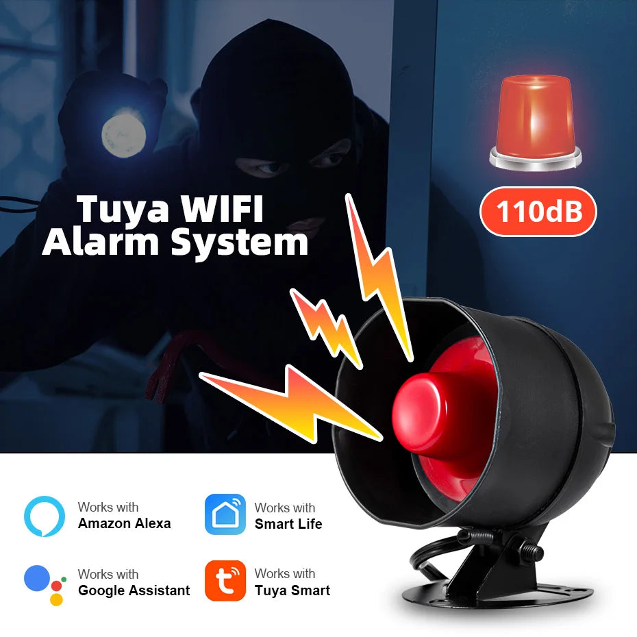 Sirène d'Alarme WiFi KERUI 110dB – Compatible Tuya, Alexa & Google Home, Détecteur de Mouvement