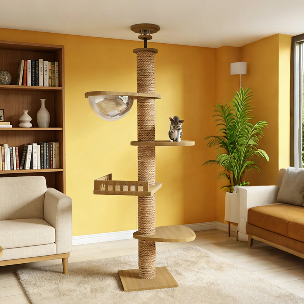 Arbre à Chat du Sol au Plafond - Hauteur Ajustable 5 Niveaux - Bois Massif avec Griffoirs et Hamac