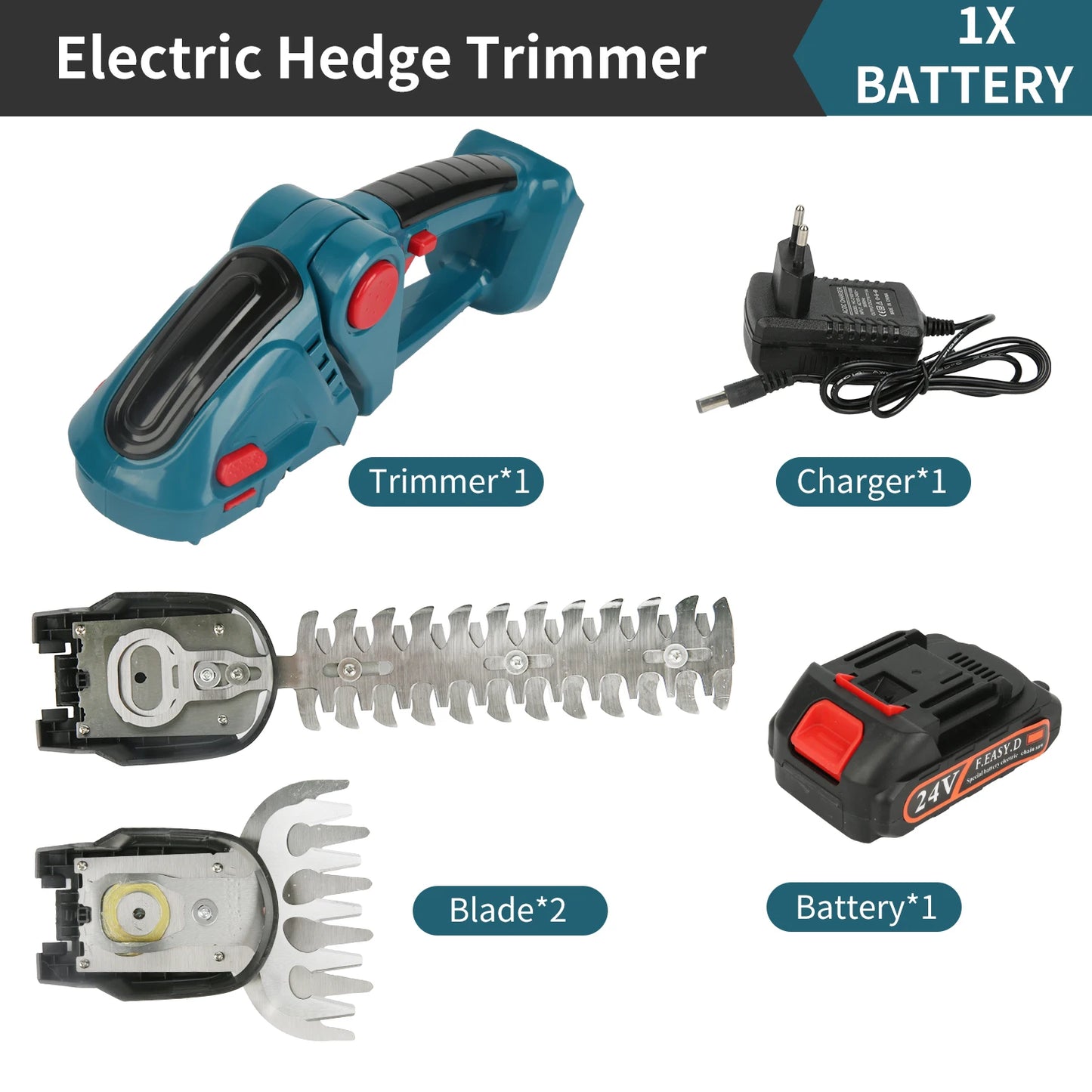 Taille-Haies & Cisaille à Gazon Électrique Sans Fil 2-en-1 – 20 000 tr/min, Rechargeable, 750g