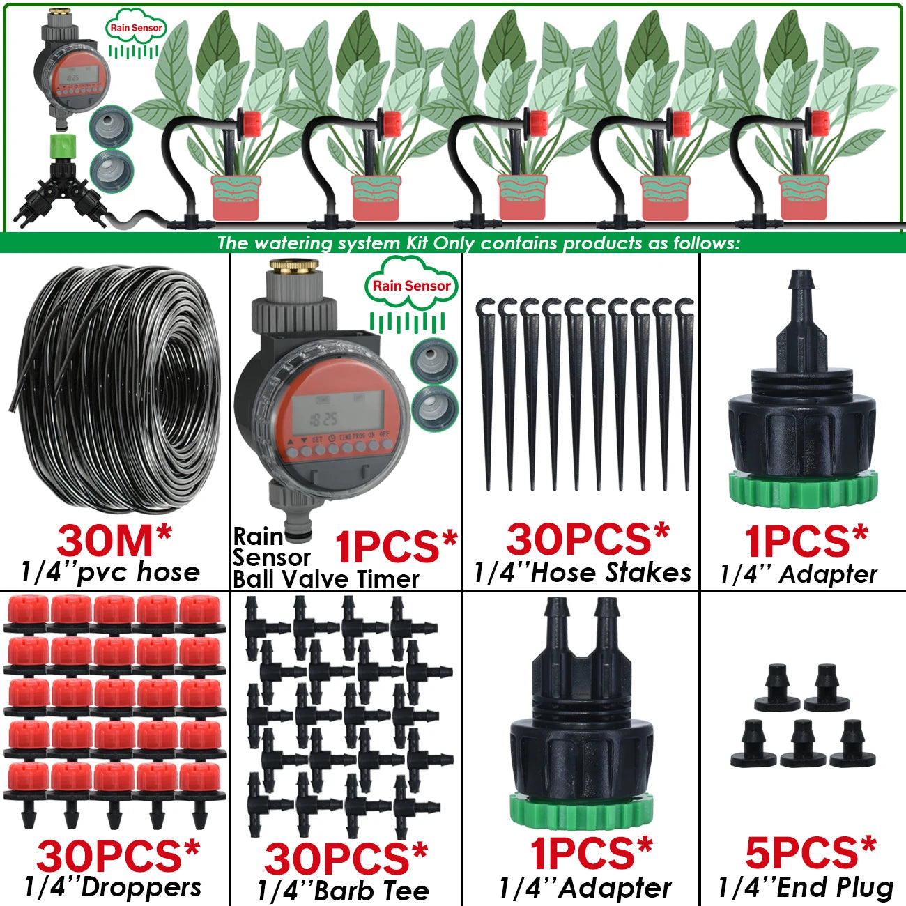 Kit Irrigation Goutte-à-Goutte KESLA – Tuyau 4/7mm, Programmateur & Capteur Pluie (5M à 50M)