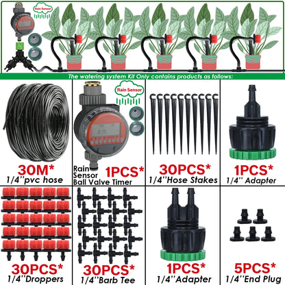 Kit Irrigation Goutte-à-Goutte KESLA – Tuyau 4/7mm, Programmateur & Capteur Pluie (5M à 50M)