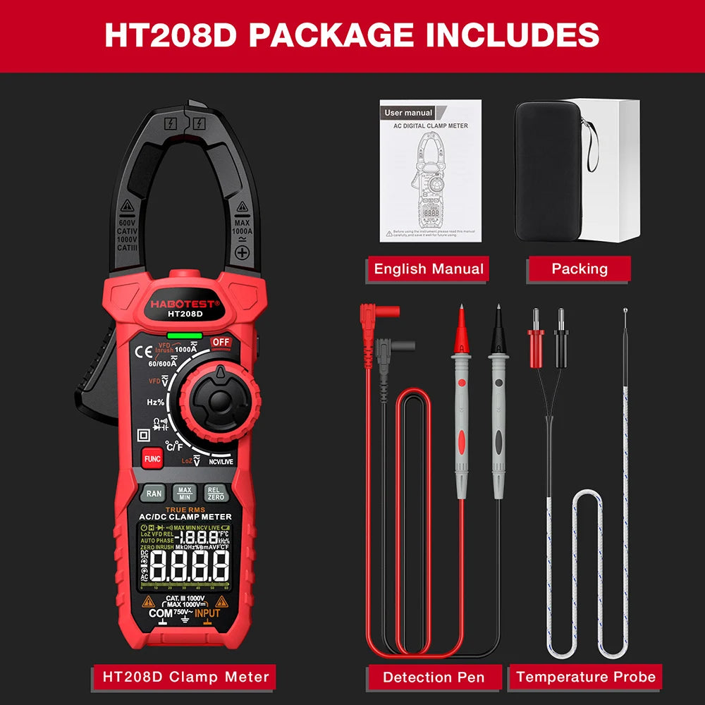 HABOTEST HT208 Clamp Meter 1000A 1000V AC DC True RMS Digital Clamp Meter Amperimetrica Capacitance Temperature Ohm Hz Tester