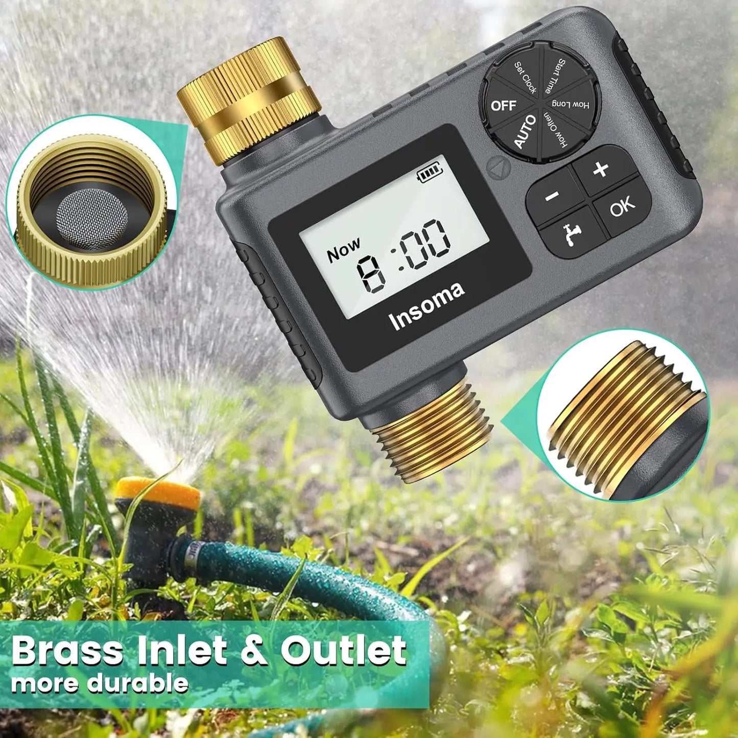 Programmateur d’Arrosage Automatique INSOMA – Minuterie Intelligente IPX5, Raccord Laiton, Écran LCD