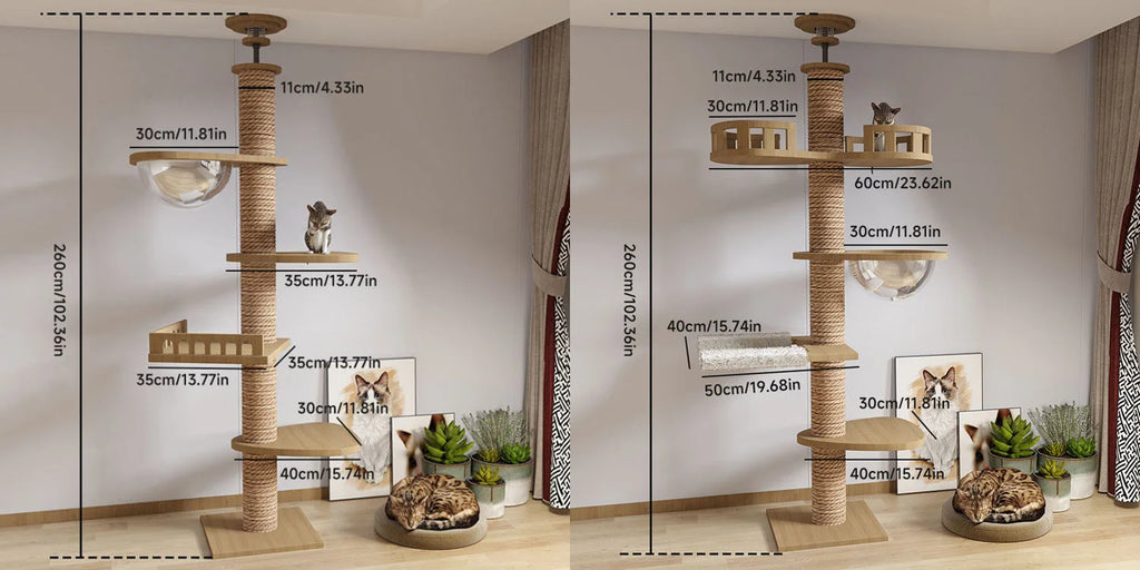 Arbre à Chat du Sol au Plafond - Hauteur Ajustable 5 Niveaux - Bois Massif avec Griffoirs et Hamac