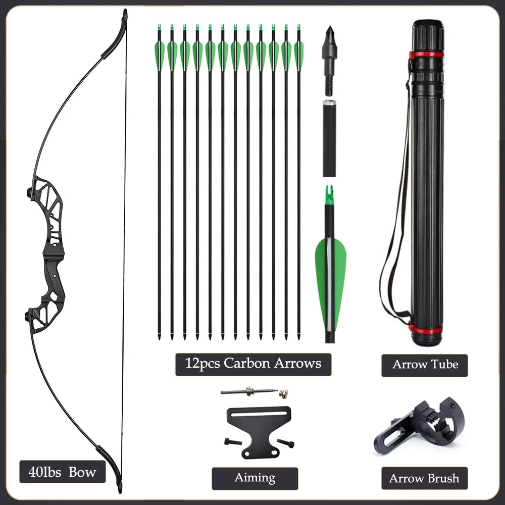 Arc Recurve Tir à l'Arc 20-50lbs Démontable avec Flèches Carbone Carquois Cible Entraînement