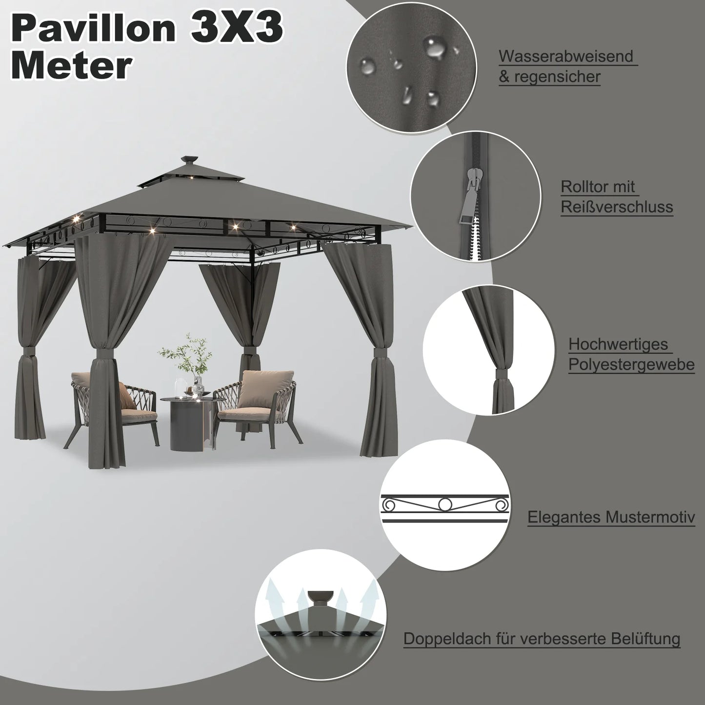 Pergola de Jardin 3x3m Double Toit – Aluminium, Rideaux Zippés & LED Solaire Optionnel | Devoko