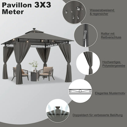 Pergola de Jardin 3x3m Double Toit – Aluminium, Rideaux Zippés & LED Solaire Optionnel | Devoko