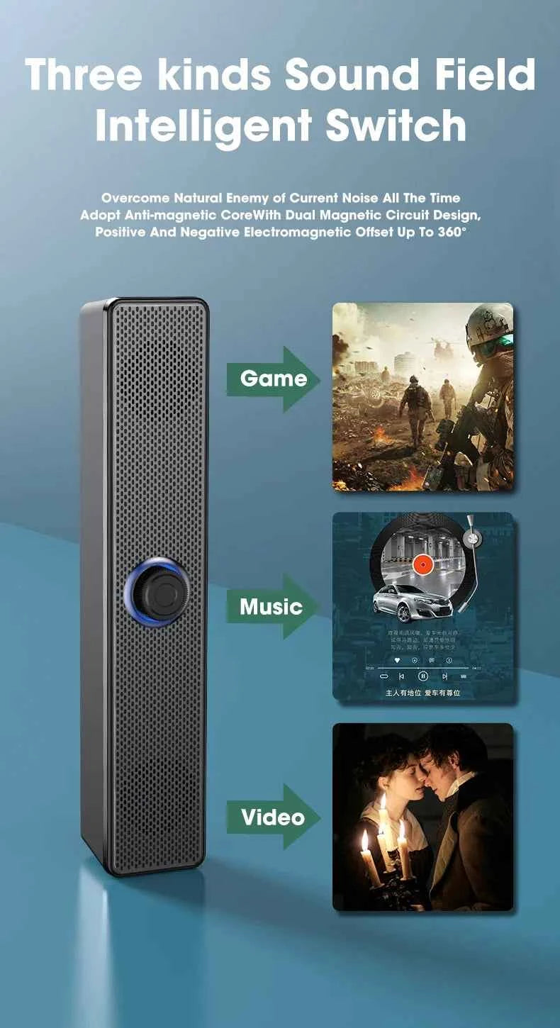 Enceinte PC Soundbar USB – Son Stéréo 3D, AUX & Bluetooth, TV / PC / Gaming