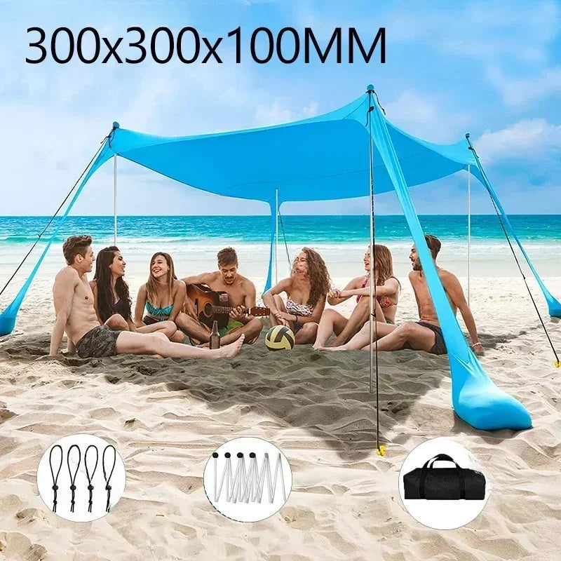 Tente de Plage Familiale 3x3m - Auvent Pliable Pare-Soleil, Coupe-Vent, Polyester, Grande Capacité - Camping Plage