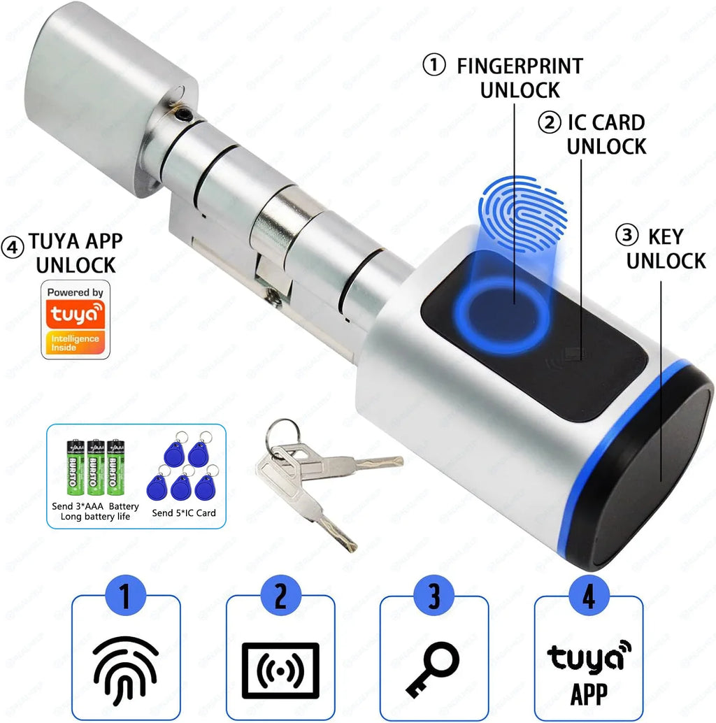 Cylindre de Serrure Connectée Tuya – Empreinte, Carte, App, Clé – Portes EU 35-55mm