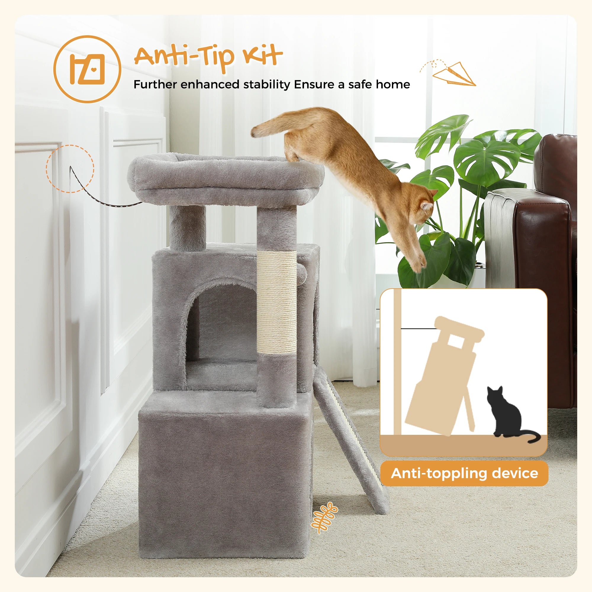 Arbre à Chat XXL Multi-Niveaux - Tour avec Griffoirs Sisal, 2 Niches, Jouets Intégrés