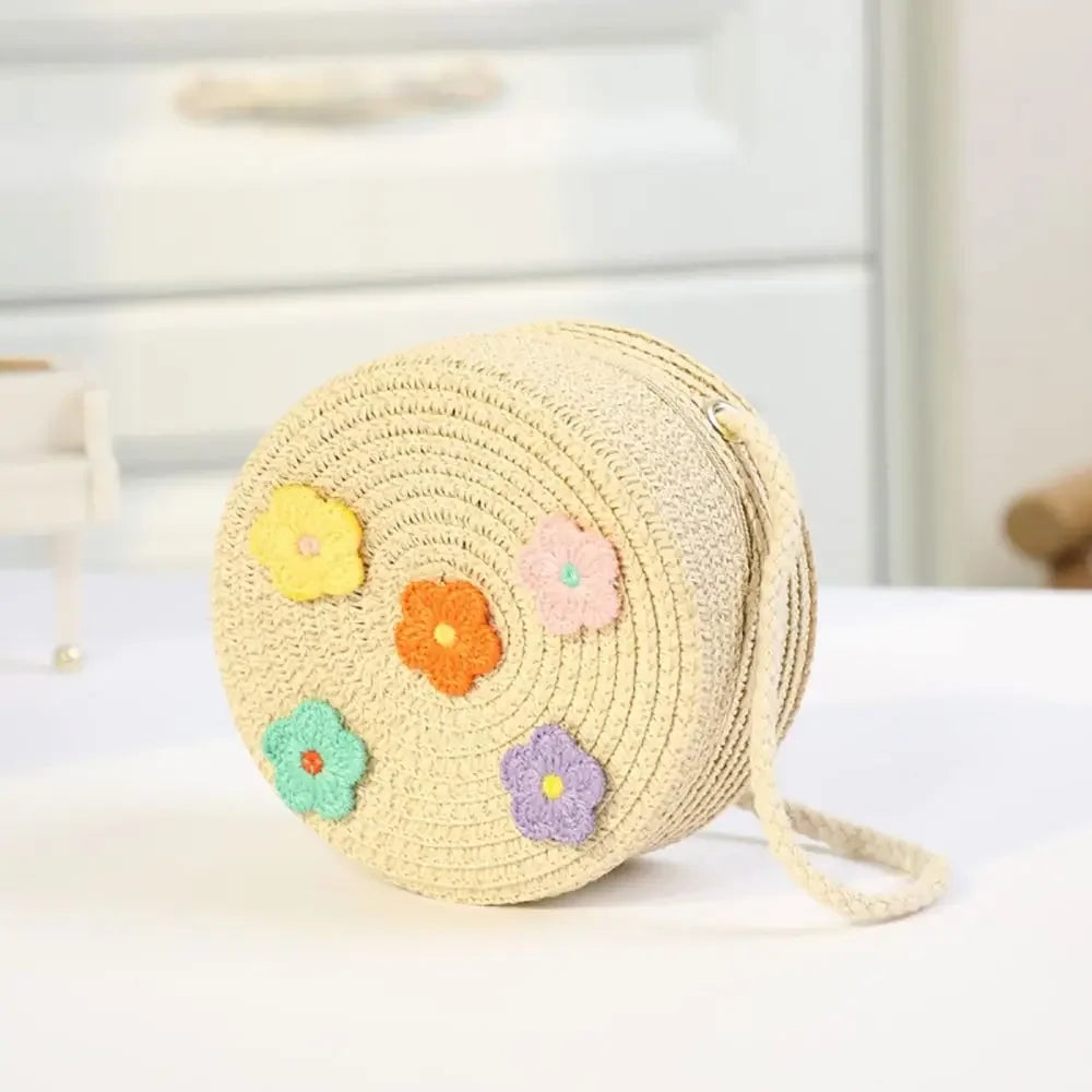 Children Straw Beach Bag Cute Heart Pattern Shoulder Bag Straw Crossbody Bag Handbag Baby Coin Purse Casual Messenger Bag