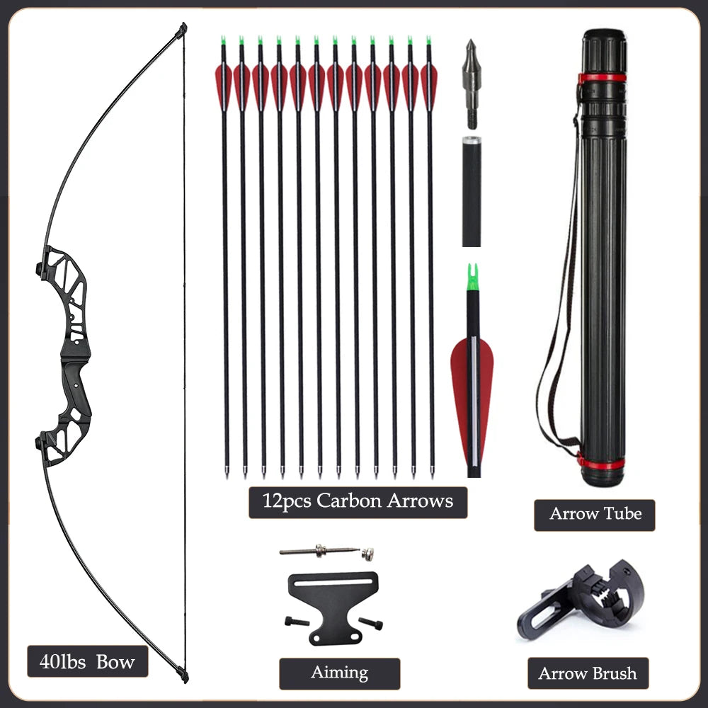 Arc Recurve Tir à l'Arc 20-50lbs Démontable avec Flèches Carbone Carquois Cible Entraînement