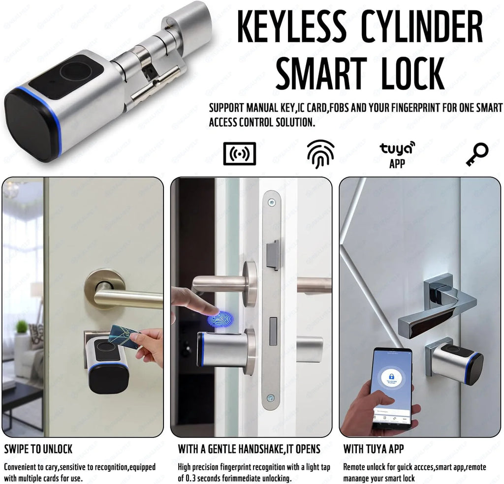 Cylindre de Serrure Connectée Tuya – Empreinte, Carte, App, Clé – Portes EU 35-55mm